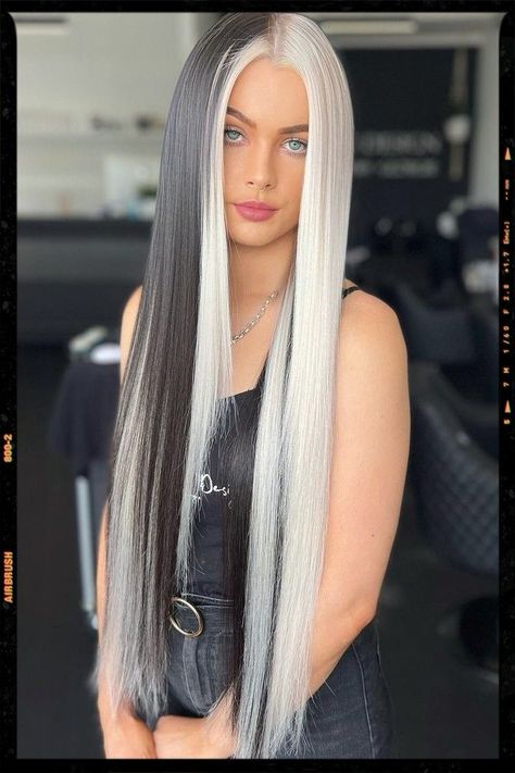 Black And Blonde Hair Straight, White And Black Hair Color, Half Silver Half Black Hair, Black White Hair Color, Half Platinum Half Black Hair, Black And White Dyed Hair, Platinum Blonde Hair With Black Streaks, Black And White Hair Ideas, Long Black And White Hair