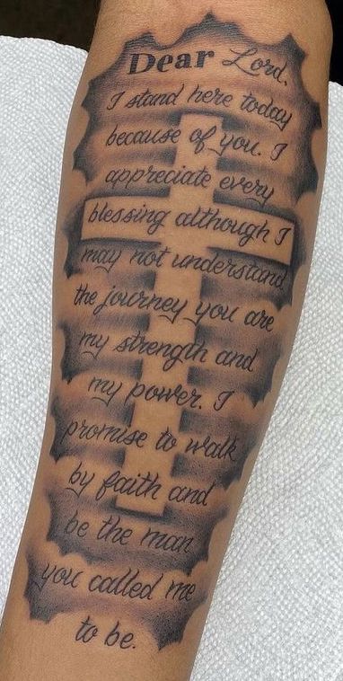 Biblical Verses Tattoos, God Loving Tattoos, Calf Tattoo Men Bible Verse, Positive Arm Tattoo Men, Bible Verse Tattoos For Men Stomach, Tattoo Designs Bible Verse, Tattoo Ideas For Men For Family, Cloud Bible Verse Tattoo, Men Tattoo Ideas Sleeve Family