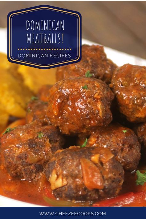 Dominican Style Stewed Meatballs! These Albondigas Guisadas are EVERYTHING that you need and more! All you need is grass-fed ground beef, garlic, Dominican oregano, fresh veggies and tomato sauce. Slow cook these homemade meatballs and serve with white rice and Dominican Style Beans. Definitely a classic and authentic Dominican recipe! #DominicanFood #DominicanRecipes #MeatballRecipe #Albondigas #CarneGuisada #SpanishRiceAndBeans Dominican Recipes Authentic, Dominican Food Recipes, Dominican Dishes, Dominican Cuisine, Dominican Dish, Dominicano Recipes, Dominican Style, Dominican Recipes, Latin Recipes