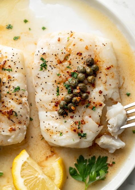 Brown Butter Cod with Capers Cod With Capers, Butter Cod, Gluten Free Salmon, Maple Glazed Salmon, Capers Recipe, Roasted Cod, Italian Seafood Recipes, Brown Butter Sauce, Baked Cod