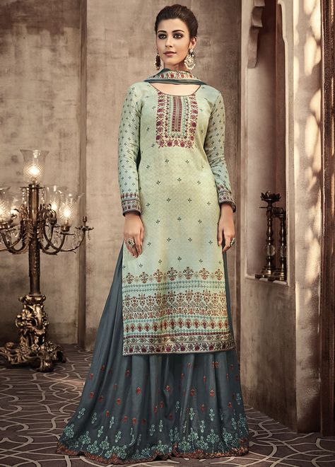 Buy Online Splendid Pastel Green and Gray Party Wear Sharara Style Suit Ethnic Trends, Designer Sharara Suits, Designer Sharara, Sharara Designs, Sharara Suits, Palazzo Suit, Sharara Suit, Pakistani Suits, Indian Wedding Dress