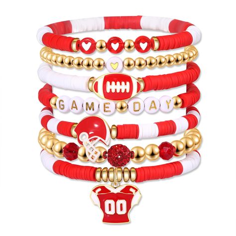 PRICES MAY VARY. ღ Game Day Bracelet: Finish off your game day outfits with our heishi bracelet set. Make a statement and celebrate your team's kickoff in style with these clay beaded stretch bracelet in your team colors, features football team colored disc clay beads, massage ‘GAME DAY’ and football charms, helmet charms and jersey charms strung on elastic bands. The perfect football accessories for sororities, college football games, high school or youth football games, and youth or high schoo Team Mom Football Gifts, Football Mom Outfit, Holiday Bracelet, Football Jewelry, Heishi Bracelets, Outfits Jewelry, Bracelets Red, Football Bracelet, Women Football