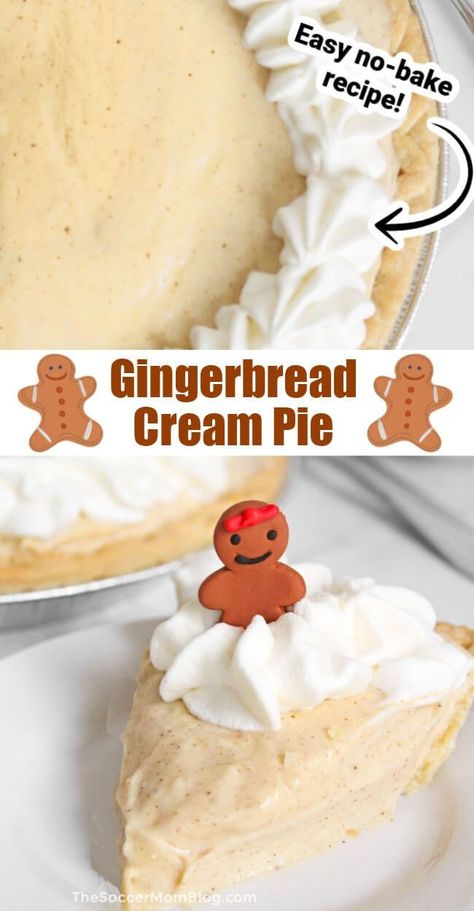 This creamy, spiced pie will earn you rave reviews…and you won’t believe how easy it is to make! No baking needed! This gingerbread cream pie is so delicious that no one will ever have to know that you didn’t spend all day in the kitchen! This easy recipe would make a fantastic dessert for a Christmas dinner or a holiday party. Gingerbread Pie, Gingerbread Frosting, Christmas Dinner Desserts, Cream Pie Filling, Easy Gingerbread, Creamy Pie, Christmas Pie, Pie Filling Recipes, Chocolate Pecan Pie