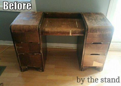 Old Makeup Vanity, Makeup Vanity Makeover, Painted Makeup Vanity, Diy Vanity Table, Vanity Redo, Vintage Makeup Vanities, Waterfall Vanity, Old Vanity, Barn Houses