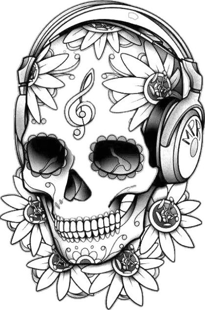 Skull With Headphones, Headphones Tattoo, Skull Coloring, Skull Coloring Pages, Sugar Skull Girl, Adult Colouring Printables, Sugar Skull Tattoos, Skulls Drawing, Candy Skulls