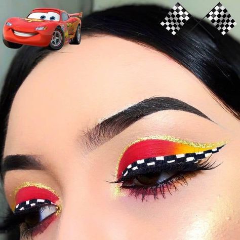 Lightning Mcqueen Makeup Look, Lightning Mcqueen Makeup, Races Makeup, Disney Makeup Looks, Disney Eye Makeup, Disney Inspired Makeup, Princess Makeup, Disney Makeup, Red Makeup