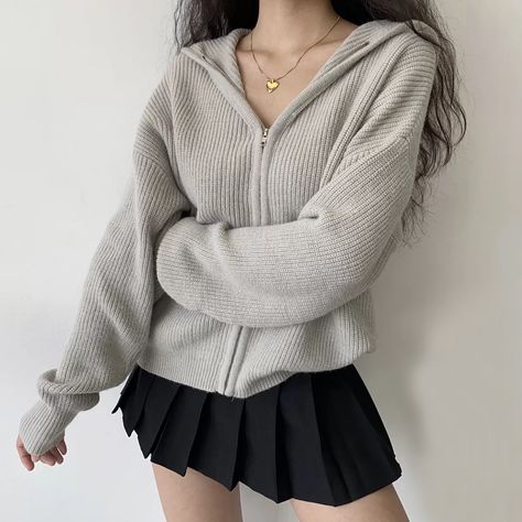 Zip Cardigan, Hooded Cardigan, Mode Inspo, Korean Outfits, Long Sleeve Cardigan, Cute Casual Outfits, Cardigans For Women, Everyday Outfits, Aesthetic Clothes