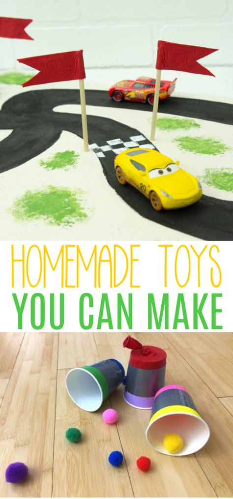 Think you can’t make your own toys for your kids? Think again. We have rounded up some really fun ideas for homemade toys you can make. These are perfect for rainy day activities or to give as a gift.We’ve got a racetrack, a marble run, memory game, doll furniture, and more. There’s something here for everyone who’s young or young at heart. Diy Toys For Preschoolers, Toy From Recycled Materials, Easy Toys To Make For Kids, Homemade Toys For Toddlers, Handmade Toys Diy, Diy Toys For Toddlers, Homemade Toys For Kids, Toy Crafts For Kids, Toys For Kids To Make