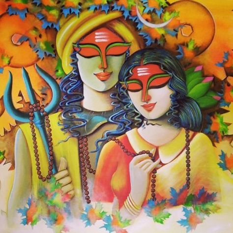 Shiv Rangoli, Shankar Parvati, Shiv Art, Orange Acrylic Painting, Divine Couple, Lord Shiv, Shiv Parvati, Ganesh Art Paintings, Kalamkari Painting