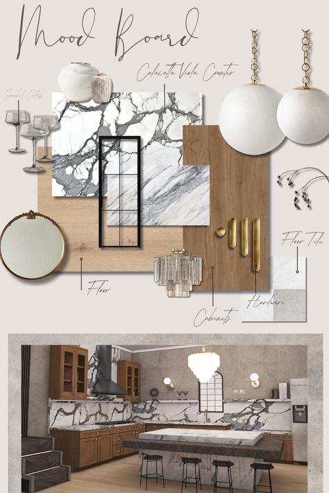 Mood board kitchen Interior Design Inspo Board, Material Palette Architecture, Material Palette Mood Boards, Kitchen Moodboard Interior Design, Finishes Board, Luxury Mood Board, Mood Board Kitchen, Mood Board Interior, Kitchen Mood Board