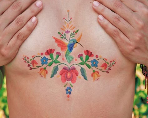 Colorful Mexican Tattoos, Mexican Style Hummingbird Tattoo, Mexican Memorial Tattoos, Embroidered Tattoo Design, Feminine Mexican Tattoos, Tattoo Bordado Mexicano, Mexican Flowers Tattoo, Mexican Flag Tattoos For Women, Otomi Tattoo