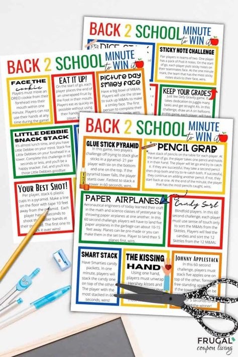 Tired of the same old boring games at your back to school parties? These fun Minute to Win it Back to School Games that are great for kids and adults alike. This back to school printable is great for the first week of school, a classroom icebreaker, back to school party idea and more. Meet on the playground and enjoy a fun day of making a new friend, enjoying old friends, or preparing for fun first day of school excitement. Download, print & enjoy today! #FrugalCouponLiving #backtoschool #ga Back To School Games, School Games For Kids, School Party Games, Back To School Printables, Classroom Party Games, One Minute Games, Debbie Snacks, Minute To Win, Minute To Win It Games