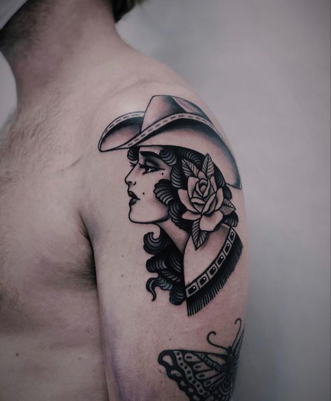 Cowgirl Shoulder Tattoo, Western Lady Tattoo, Loon Tattoo Traditional, Zz Top Tattoo, Mexican Cowgirl Tattoo, Cowgirl Face Tattoo, Old School Cowgirl Tattoo, Even Cowgirls Get The Blues Tattoo, American Traditional Lady Head Tattoo