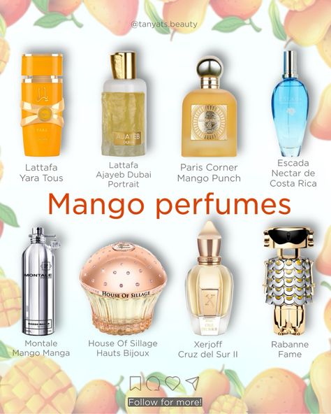 🥭 Mango notes have become increasingly popular in perfumes. Interestingly, most fragrances featuring this note are not simple fruity scents but complex, expensive-smelling compositions. Here are some affordable and niche perfumes that you can find relatively easily: ▫️ Lattafa Yara Tous — Probably the most popular affordable mango scent. It’s tropical, with the addition of coconut and vanilla, giving it a creamy and sweet character. ▫️ Lattafa Ajayeb Dubai — This mango scent is more sophis... Mango Scented Perfume, Mango Scent Combo, Mango Perfume, Tropical Perfume, Lattafa Yara, Fruity Perfume, Mango Scent, Coconut And Vanilla, Fruity Scents