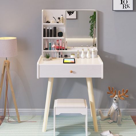 Simple Dressing Table, White Vanity Table, Small Dressing Table, Minimalist Organization, Makeup Vanity Stools, Makeup Vanities, Dressing Table Design, Vanity Table Set, Wooden Vanity