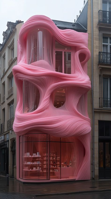 A pink shopfront made of silk, with the facade covered in fabric that is blowing around like waves, on an urban street corner, surrounded by other buildings. The interior has large windows and displays various beauty products. It's a very unique structure, shaped as if it was carved from wood or stone but completely wrapped in soft tulle cloth. There should be some shoes for sale displayed outside --ar 9:16 --v 6.1 --s 750 Wonky Architecture, Interesting Facades Architecture, Pink Architecture Aesthetic, Wavy Facade Architecture, Pink Buildings Architecture, Unique Buildings Architecture, Graphic Shapes Design, Street Corner, Unusual Buildings