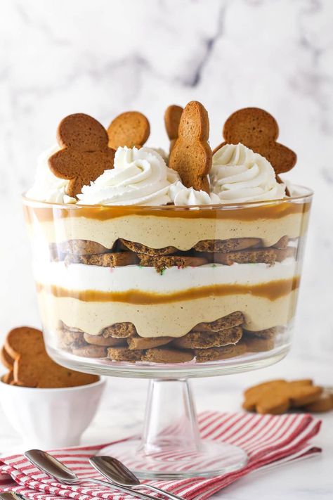 This Gingerbread Cheesecake Trifle is an easy no-bake holiday dessert! It has layers of thick gingerbread cookies, no-bake gingerbread cheesecake, caramel and whipped cream. Christmas Trifle Recipes, Gingerbread Trifle, Trifle Bowl Recipes, Cheesecake Caramel, Festive Holiday Desserts, Gingerbread Cheesecake, Christmas Trifle, Cheesecake Trifle, Caramel Apple Cheesecake