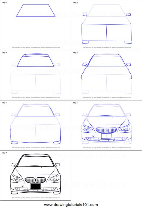 How to Draw Car Front View printable step by step drawing sheet : DrawingTutorials101.com Drawing Car Step By Step, Car Shading Drawing, Car Facing Forward Drawing, Scatch Drawing Car, Car Dashboard Drawing, Front Of A Car Drawing, Car Sketch Step By Step, Car Drawing Sketches Step By Step, Car Drawing Perspective