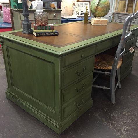 This huge executive desk is so cool! We used Annie Sloan’s Olive Chalk Paint®️ then sealed with Annie’s Clear and Dark Wax. Painted Wooden Desk Ideas, Painted Executive Desk, Executive Desk Makeover, Painted Office Desk, Painted Desks Ideas Colors, Refinish Desk, Chalk Paint Green, Painted Office Furniture, Desk Refurbish