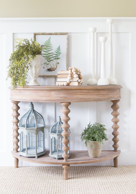 A styled console table from HomeGoods Console Table Decor, Console Table Decorating, Natural Decor, Decor Details, Entryway Table, Coastal Design, Creative Home Decor, Beach Cottage, Diy Life