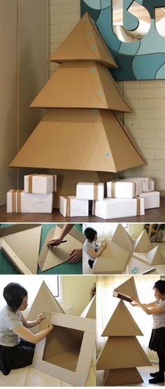 Christmas Diy Tree Decor, Christmas Projects For Kids, Unusual Christmas Decorations, Cheap Christmas Trees, Cardboard Christmas Tree, Cardboard Christmas, Diy Tree Decor, Simple Holiday Decor, Outdoor Christmas Tree