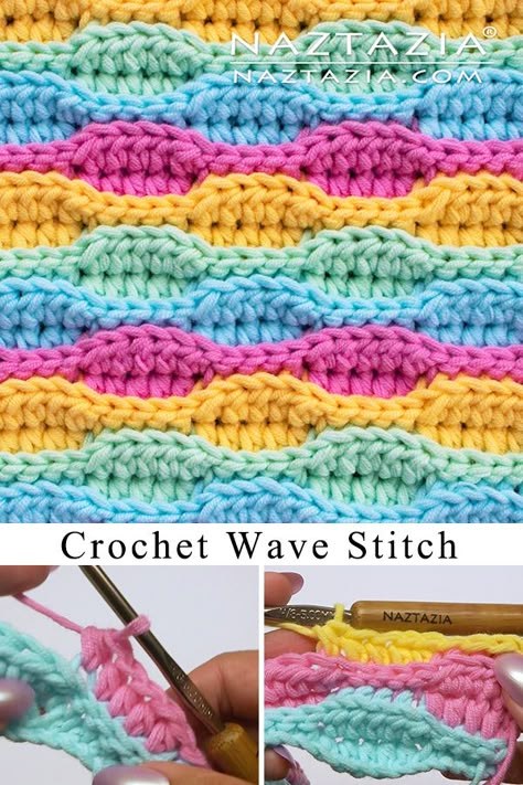 How to Crochet the Wave Stitch - Naztazia ® Crochet Wave Stitch, Blanket Ideas Crochet, Crochet Wave Pattern, Wave Stitch, Crochet Blanket Ideas, Simple Stitch, Half Double Crochet Stitch, Crochet Stitches For Blankets, Crochet Stitches Free