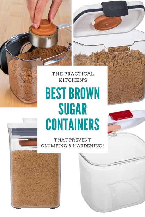 Brown sugar is a baking pantry staple, but how do you keep brown sugar from hardening? You need the right brown sugar container! Especially if you don't use brown sugar that often. These containers were designed specifically for brown sugar, and with brown sugar's unique storage container needs in mind. Each one has an airtight seal and built-in reusable terra cotta disk that can keep brown sugar soft for up to six months. Sugar And Flour Storage Ideas, Sugar And Flour Container, Sugar Flour Containers, Flour And Sugar Containers, Flour Storage Containers, Baking Pantry, Baking Organization, Flour Storage, Flour Container