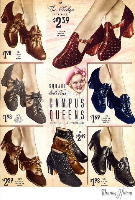 1938 shoes from wearinghistoryblog.com 1950s Women's Shoes, 1930s Shoes For Women, 1930 Accessories, 1930 Shoes, 1940 Shoes, 40s Shoes, 1938 Fashion, 1930s Outfits, 1930s Shoes