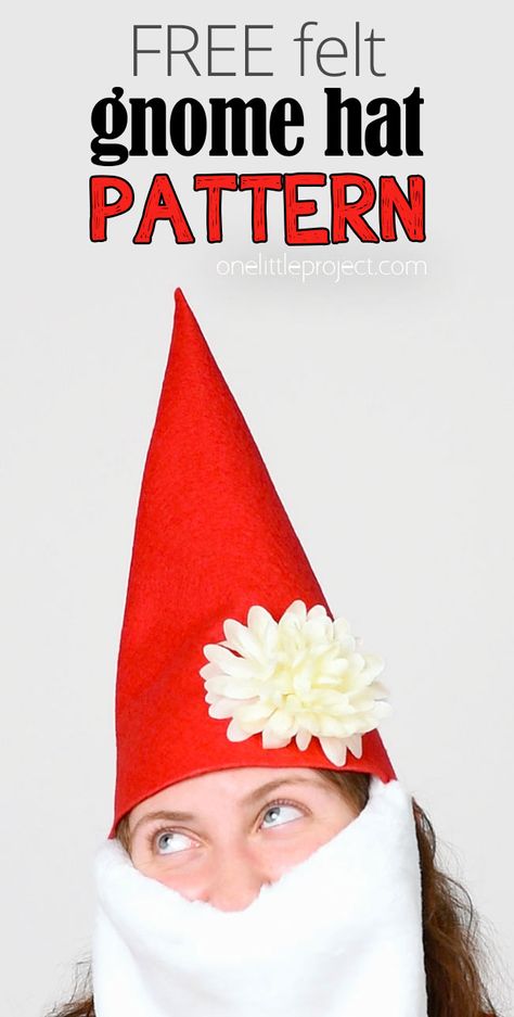 Gnome Hat Pattern | DIY Felt Gnome Hat (Free, Printable Template!) Gnomes Costume Diy, Gnome Hat Adult, Adult Gnome Hat Pattern, Gnome Costume Hat, How To Make A Gnome Hat For Costume, Make A Gnome Hat, Gnome Hat Felt, Gnome Garden Costume, Gnome Apron Pattern