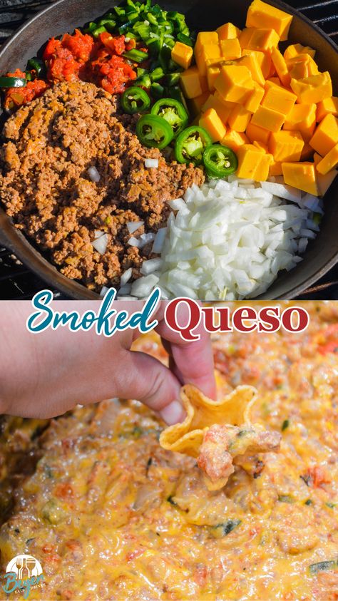 If you love a meaty queso dip and all things grilled, then this smoked queso dip made on the grill will be your new favorite Mexican-inspired taco dip. Smoked queso is your favorite queso dip made with Velveeta, Rotel, onions, taco meat, and peppers made in a cast-iron skillet on your smoker or grill. Grill Queso, Smoked Queso Dip, Velveeta Rotel, Big Green Egg Smoker, Sausage Queso, Egg Smoker, Smoked Queso, Leftover Taco Meat, Recipes Grilling