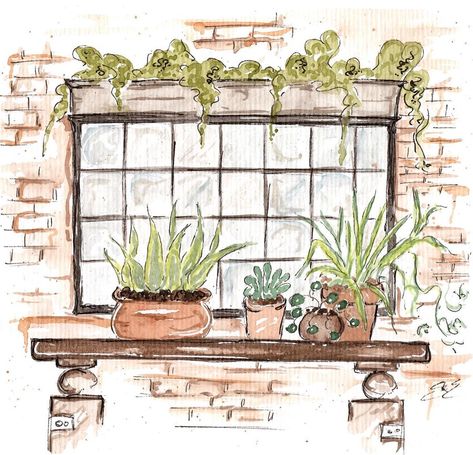 Emma Edwards on Instagram: “More windows and more plants! This was the first thing I drew in my sketchbook, but I just got around to painting it with watercolor. I…” Watercolor Greenhouse, Watercolor Window, Window Watercolor, Warehouse Project, Plant Sketches, Paintings Easy, Water Coloring, Window Plants, Garden Watercolor