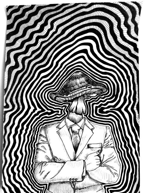 Trippy man in suit with mushroom head ink illustration Man In Suit, Mushroom Cloud, Mushroom Head, Senior Project, Ink Illustration, Black And White Background, Mushroom Art, Trippy Art, Ink Illustrations