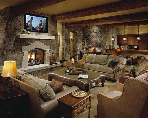 Man Cave by Qtect, via Flickr Den With Fireplace, Sofas Facing Each Other, Living Room With Ottoman, Man Cave Living Room, Vincent Gallo, Man Cave Design, Rustic Basement, Yabu Pushelberg, Man Cave Room