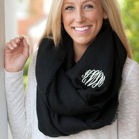 This stylish infinity scarf looks great with any fall wardrobe. Get it monogrammed in the font and color of your choice. -29 L x 80 Circumference -100% Soft Acrylic Material -Stylish Fringe Trim  How to order: 1. Choose your font 2. Choose your monogram color 3. In the note to seller section include the monogram or single initial to be embroidered in the correct order (last name in the center) Cricut Gifts, Personalized Scarves, Monogrammed Scarf, Embroidery Monogram, Circle Scarf, Black Scarf, Fashion Night, Scarf Design, Mystery Box