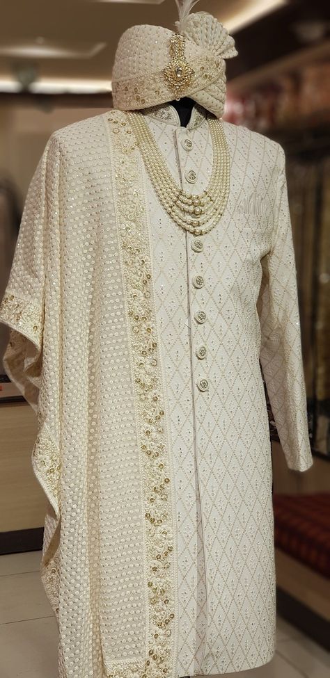 Groom Wedding Dress Sherwani, Groom Wedding Dress Indian, Sherwani For Men Wedding Indian Groom, Royal Tuxedo, Bridegroom Outfits, Jodhpuri Sherwani, Men Fashion Outfits, Engagement Dress For Groom, White Sherwani