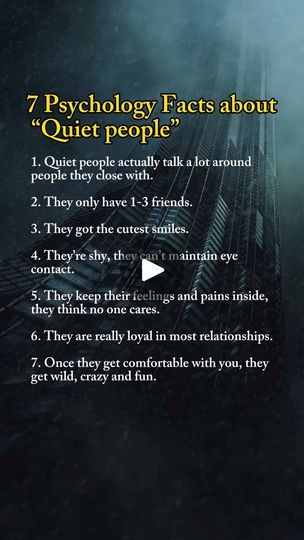 72 reactions | 👇Read, save it & follow 

↓ Read it & save it for later ↓

7 Psychology Facts about “Quiet people”
1. ���Quiet people actually talk a lot around people they close with.
2. ���They only have 1-3 friends.
3. ���They got the cutest smiles.
4. ���They’re shy, they can’t maintain eye contact.
5. ���They keep their feelings and pains inside, they think no one cares.
6. ���They are really loyal in most relationships.
7. ���Once they get comfortable with you, they get wild, crazy and fun.

- If you’re not following this account, you’re probably never going to see me again.

❗️Save this reel or you will forget everything 

DROP ‘i want change’ in comment if you needed to see this!

Comment down if you want 2nd part ✨

10 skills that will pay off forever skills development personalit Quiet People, Talk A Lot, 3 Friends, Psychology Facts, Eye Contact, Skills Development, See Me, Facts About, Psychology