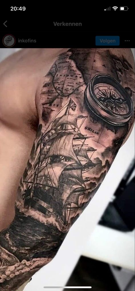 Royal Navy Tattoo, Sea Themed Leg Sleeve, Map Tattoo Sleeve, We The People Tattoo, Shipwreck Tattoo, Us Navy Tattoos, Military Sleeve Tattoo, Sea Tattoo Sleeve, Ship Tattoo Sleeves