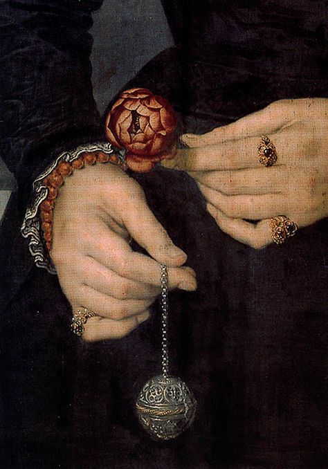 Pomander ball - detail of "Portrait de femme" Nicholas Neufchâtel, dit… 16th Century Paintings, Fashion History Timeline, Pomander Balls, Hieronymus Bosch, Images Vintage, Old Paintings, 16th Century, Diy Bag, Classic Art