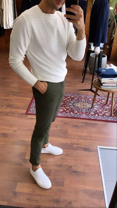 White Shirt And Olive Green Pants Men, Men’s Green Chino Outfit, Chinos And Sweatshirt Men Outfit, Dark Green Chinos Outfit Men, Army Green Pants Outfit Men, Mens Green Chinos Outfits, Green Pants Men Outfit, Casual Work Outfit Men, Olive Green Pants Outfit Men