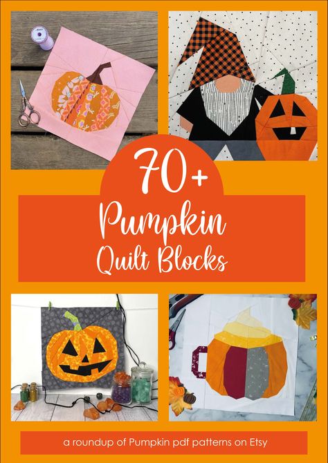 Look no further than this roundup of Pumpkin quilt blocks. There are over 70 to choose from! They have been categorised into Standard Piecing and Foundation Paper Pieceing so there should be something for everyone! Jackolantern Quilt Block, Fall Quilt Patterns Free, Fall Quilt Blocks, Pumpkin Quilt Block, Pumpkin Quilt Pattern, Pumpkin Quilt, Pumpkin Patterns Free, Autumn And Halloween, Fall Quilt Patterns