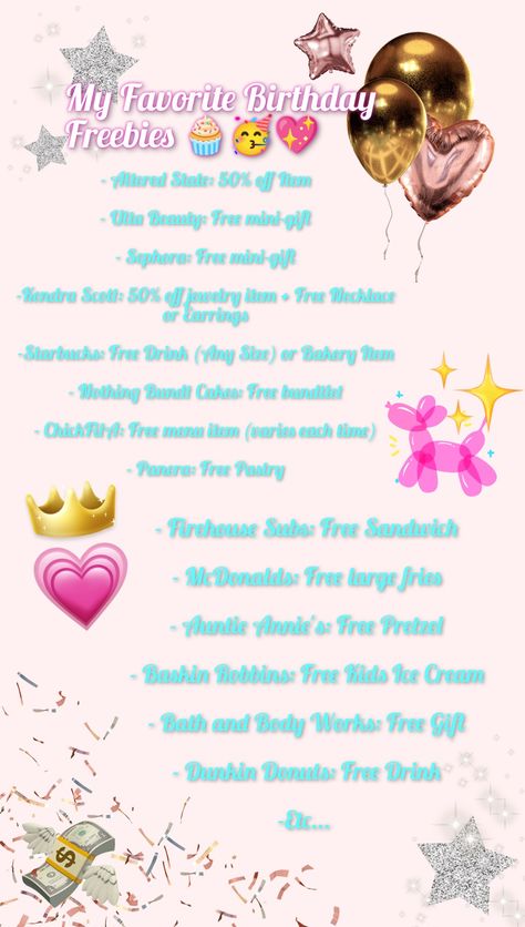 This is my opinion, but here are some of the best things you can get for free on your birthday or during your birthday month! Enjoy! 🧁🥳💖 Places To Eat On Your Birthday, Places To Go For Free Things On Your Birthday, Free Things You Can Get On Your Birthday Stores, Places You Get Free Things On Your Birthday, What Can I Get For Free On My Birthday, Where Can I Get Free Stuff On My Birthday, Aesthetic Things To Do On Your Birthday, Free Things You Can Get On Your Birthday List, Birthday Month Freebies