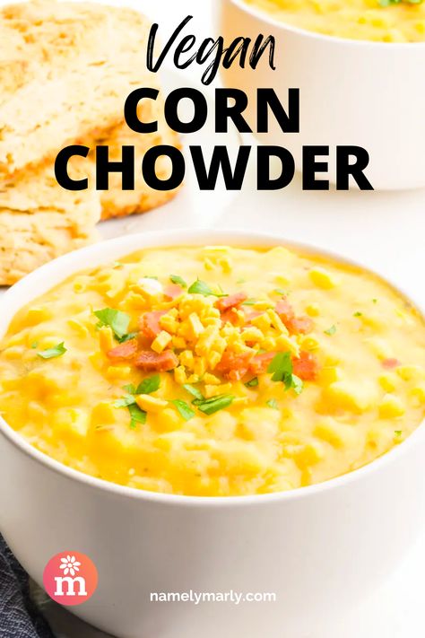 This is the ultimate creamy vegan corn chowder recipe. You'll love the flavors! Serve it with some vegan biscuits or your favorite bread! Vegan Chowder Recipes, Vegan Chowder, Pinto Bean Soup, Vegan Corn Chowder, Vegan Potato Soup, Vegan Butternut Squash Soup, Vegan Cornbread, Vegan Cheddar Cheese, Vegan Biscuits