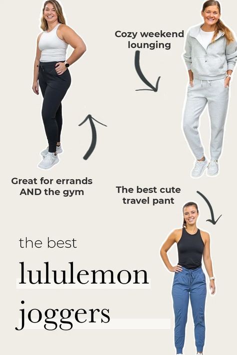 The best lululemon joggers - and a detailed guide to help you decide which joggers are right for you. Joggers are extremely versatile and appropriate for everything from working out to dressing up for work to lounging on the couch. Here you'll find a shopping guide to lululemon's best joggers for women, with a size and fit guide included. How To Style Lululemon Dance Studio Joggers, Athleisure Full-length Joggers For Workout, Lululemon Functional Workout Joggers, Athleisure Joggers With Moisture-wicking, Athleisure Sweat-resistant Joggers For Training, Lululemon Joggers Outfit, Athleisure Sweat-resistant Workout Joggers, Lululemon Jogger Outfit, Best Lululemon Leggings