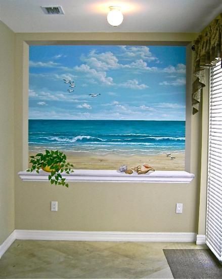 this ocean scene is wonderful for a  small room or windowless room..lovely Beach Mural, Beach Interior, Trendy Plants, Wall Murals Painted, House Beach, Plant Wallpaper, Ocean Scenes, Window Room, Bath Room