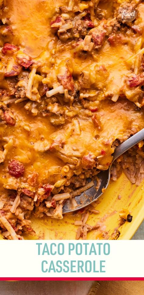 Taco Potato Casserole, Baked Hashbrowns, Taco Casserole Bake, Canned Tomatoes, Green Chiles, Taco Casserole, Gooey Cheese, Hash Browns, Dinner Is Served