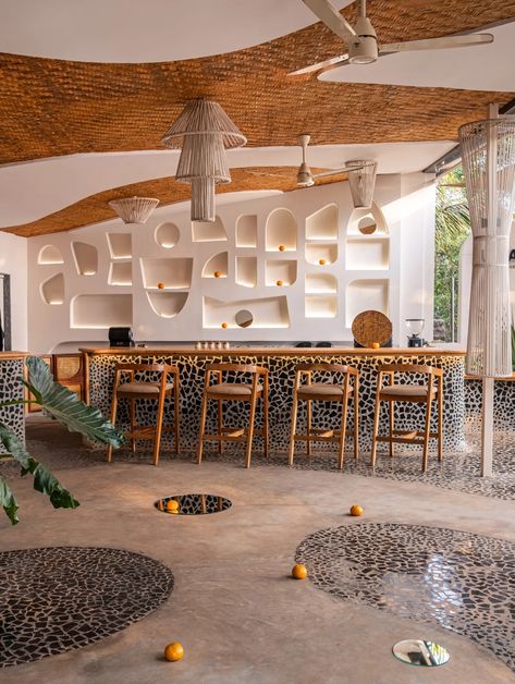 This new restaurant in North Goa is inspired by the gently flowing Saipem river | Architectural Digest India Goa Cafe, Beach Side Restaurant, Highland Coffee, Broken Tile Mosaic, Interior Partition, Coffee Interior, Beige Headboard, Goa Beach, North Goa