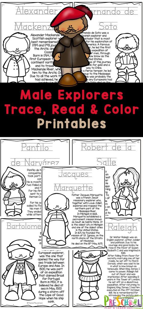 Grab these free printable European explorers coloring pages to help students learn about 13 famous explorers for kids. Simply print the explorers for children printables to learn facts about explorers such as Alexander Mackenzie, Amerigo Vespucci, Bartolomeu Dias, Sir Francis Drake, George Vancouver, Hernando de Soto, Jacques Marquette, Captain James Cook, Panfilo de Narvárez, Robert de la Salle, Samuel de Champlain, Simon Fraser, and Walter Raleigh. Famous Explorers, History Coloring Pages, Where Do I Live, History Lessons For Kids, Articles For Kids, Sir Francis Drake, Amerigo Vespucci, Captain James Cook, Francis Drake