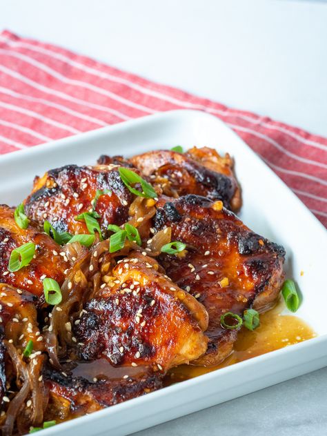 Easy Sticky Chicken Thighs?utm_source=12tomatoes Sticky Chicken Thighs, Chicken Thigh Recipe, Island Recipes, Crispy Chicken Thighs, Leftover Chicken Recipes, Sticky Chicken, Roasted Onions, Cook Chicken, Impressive Recipes