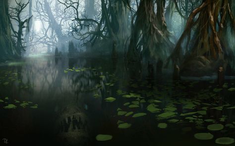 Denis loebner swamp predator Fantasy Places, Fantasy Concept Art, Fantasy Aesthetic, Environment Concept Art, Fantasy Landscape, Fantasy World, Dark Aesthetic, Dark Fantasy, Type 1