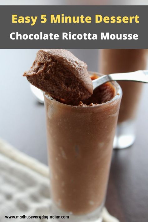 Heavenly Ricotta chocolate Mousse made with just 4 ingredients like coco powder, ricotta cheese, powdered sugar and vanilla extract. Easily done in 5 minutes.  Delicious, quick and tasty dessert made easily in few minutes.  #chocolatemousse #ricottamouse #easydessert #5minutedessert #cocopowder #heavenly # Ricotta Cheese Recipes Dessert, Ricotta Mousse, Easy Gluten Free Dessert, Ricotta Recipes Dessert, Ricotta Chocolate, 5 Minute Desserts, Chocolate Ricotta, Valentines Day Dessert, Ricotta Cheese Recipes